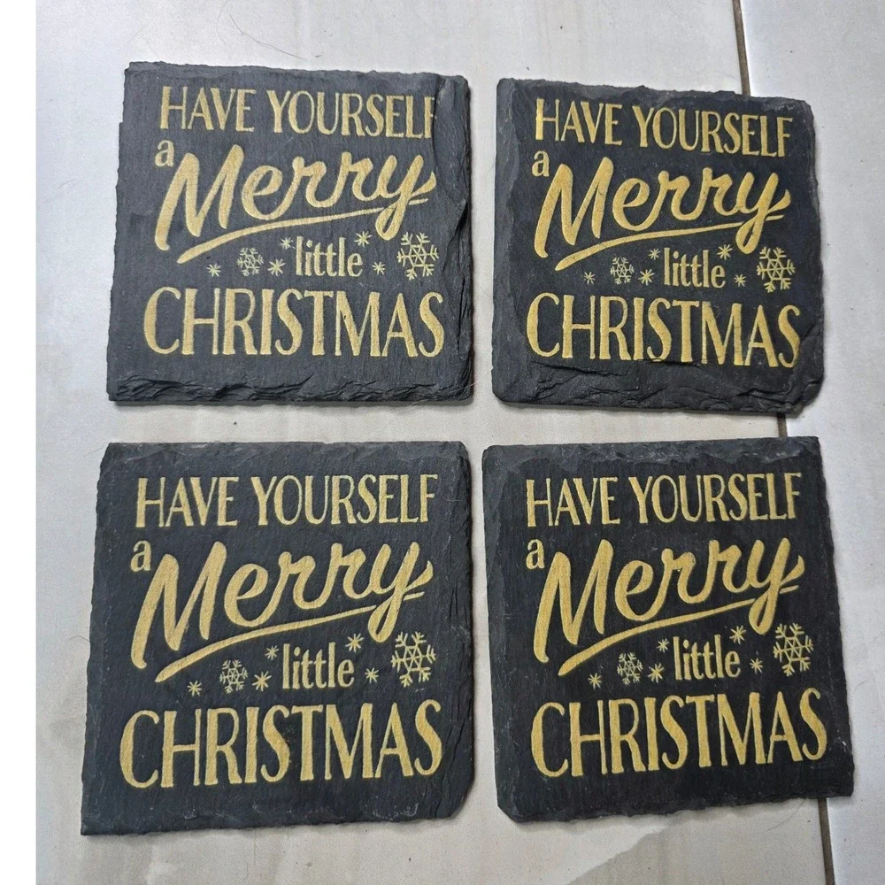 Merry Little Christmas Slate Coasters Set of 4 Black Gold Holiday Decor 4x4 G3